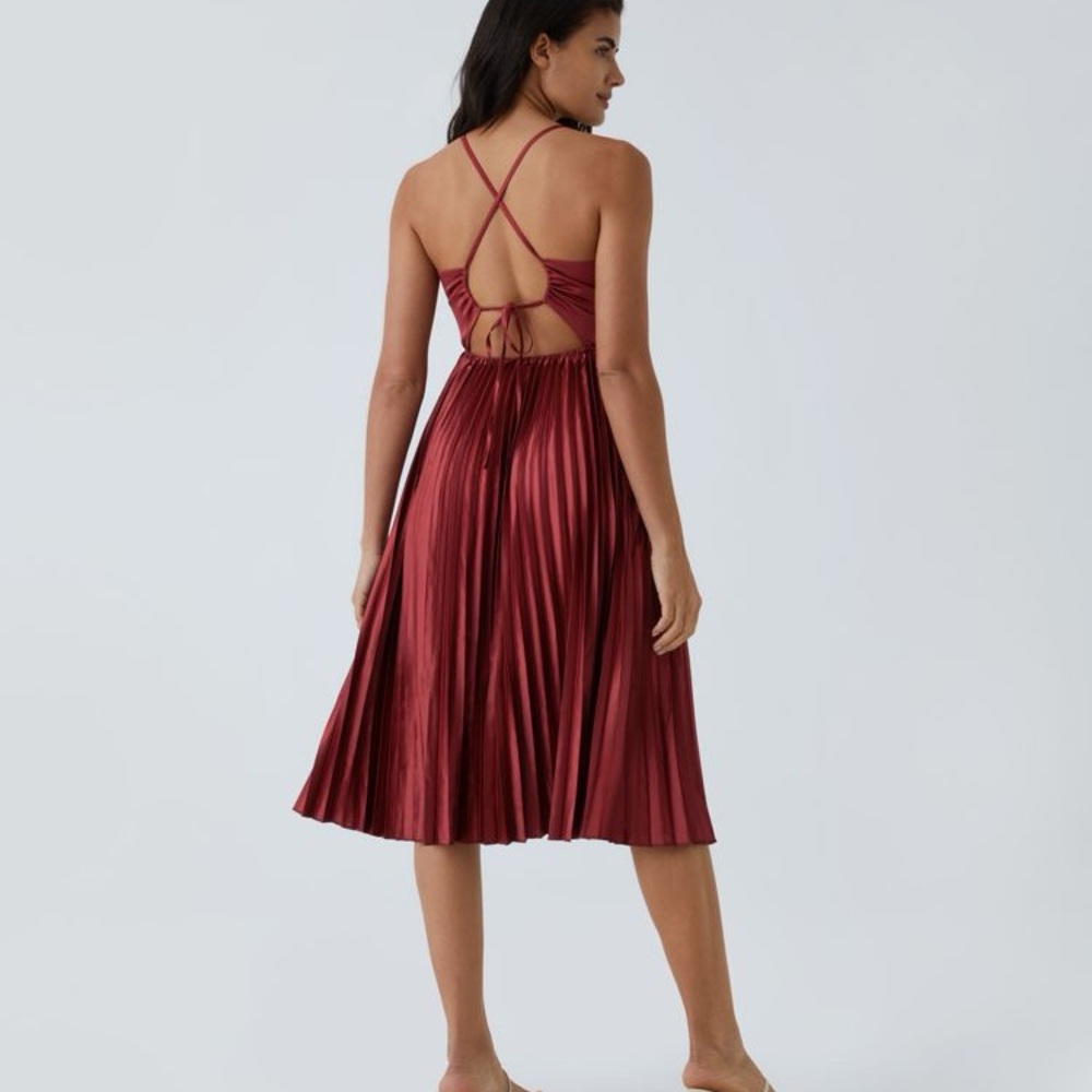 HALARA V Neck Backless Crisscross Lace Up Pleated Midi Party Dress - Picture 2 of 6